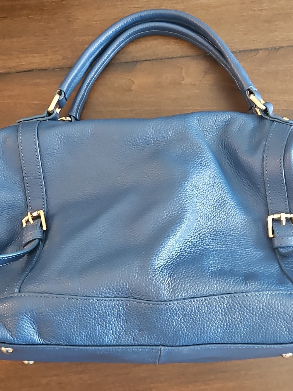 Ora Delphine Blue Leather Double-Handle Shoulder Bag with Gold Hardware